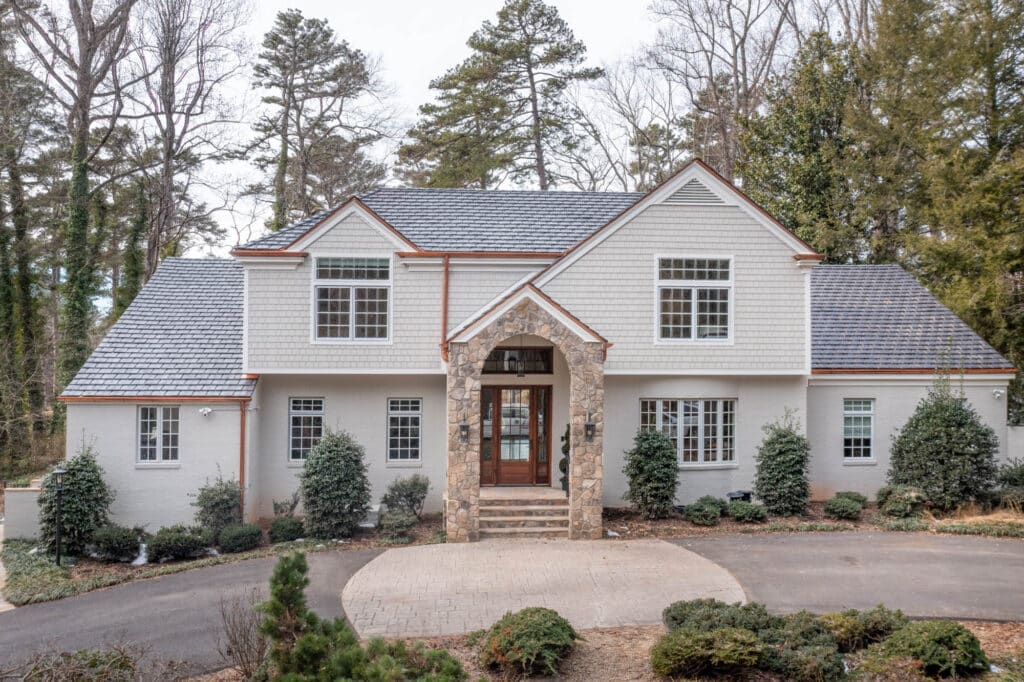 Beautiful front view of a house with landscaping